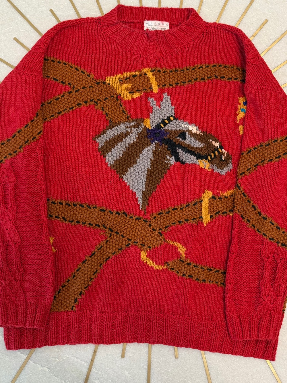 Vintage Knitted By Hand Red Horse Sweater